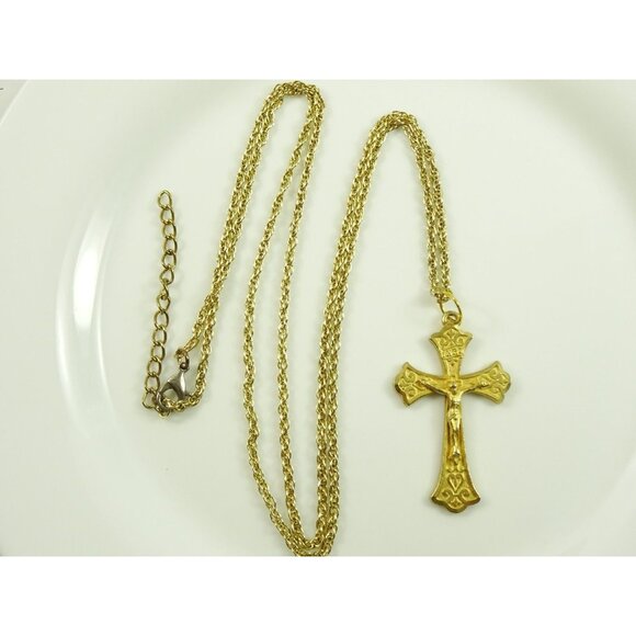 Golden Pewter Crucifix Long Statement Cross Necklace - Picture 4 of 8